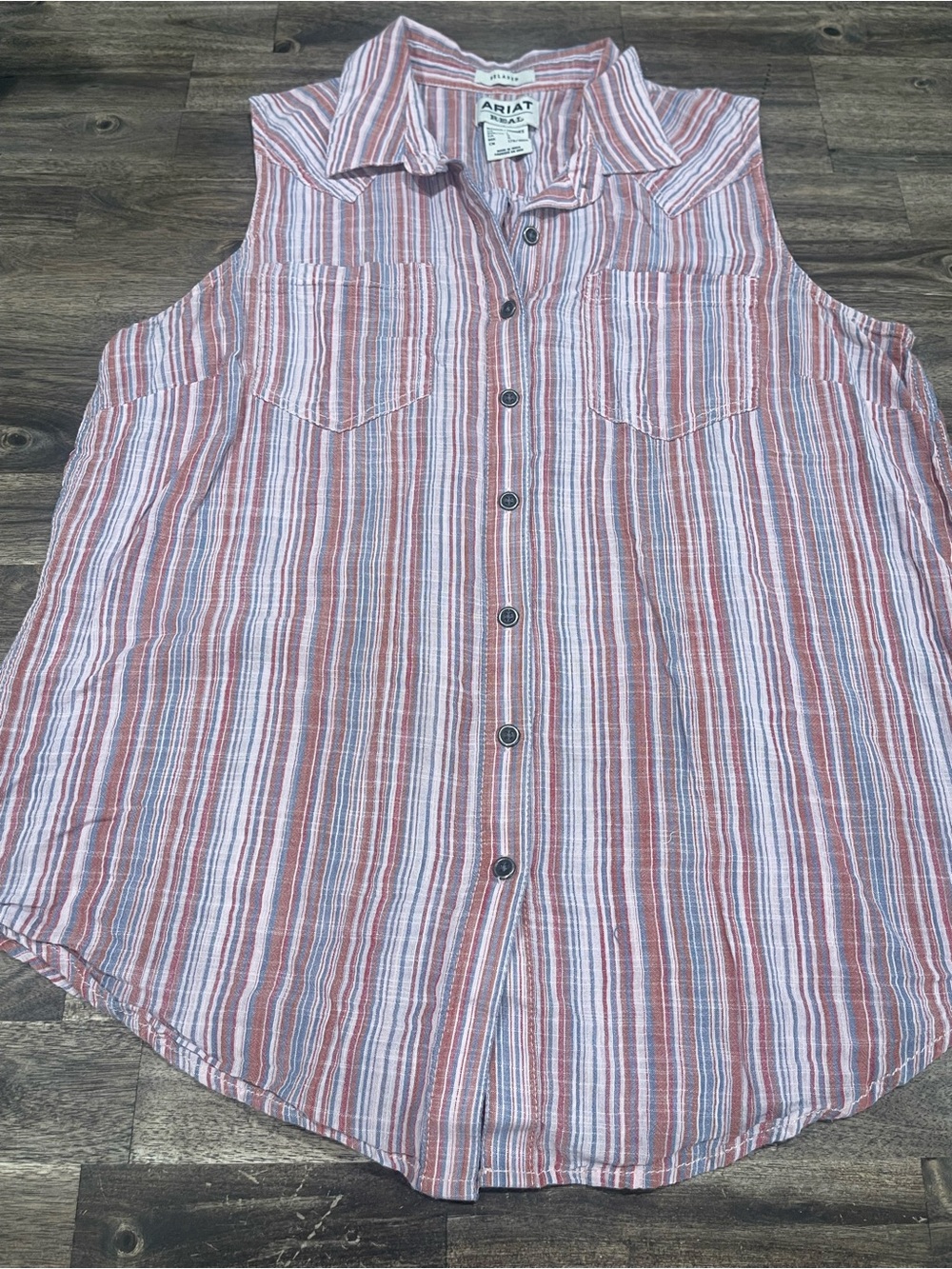 Ariat Rebar Women’s Large Sleeveless Western Button Shirt Red Blue Stripe L
